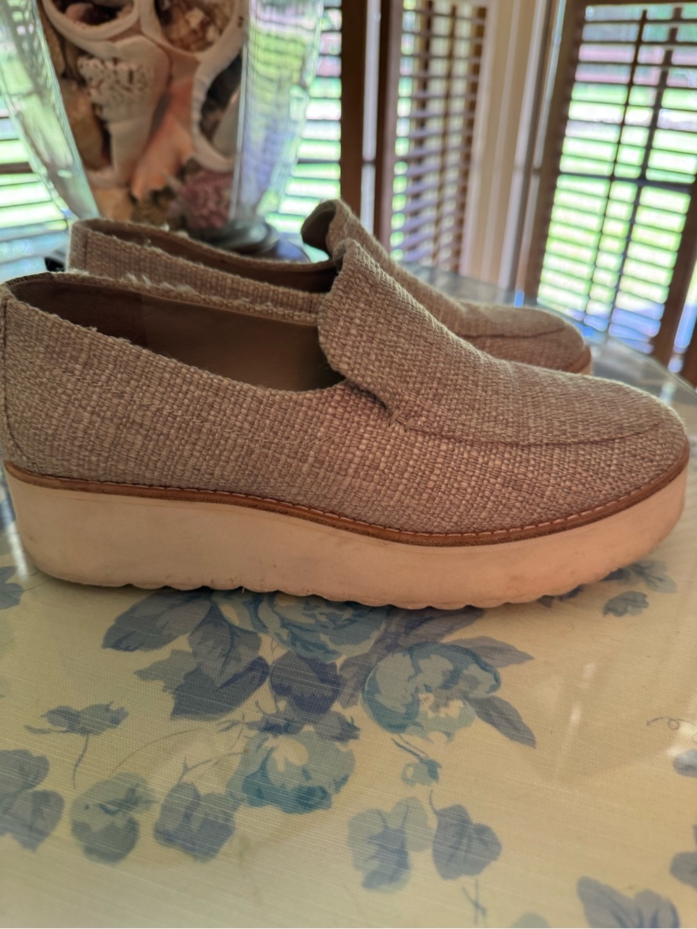 Vince Beige Woven Platform Slip-On Loafers
